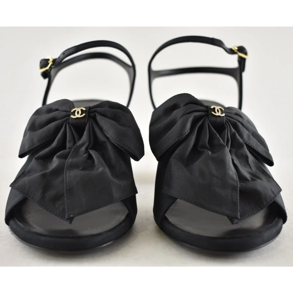 Chanel 24A Black Silk Bow Crystal CC Logo Ankle Strap Block Heel Sandals 42 - Picture 10 of 16